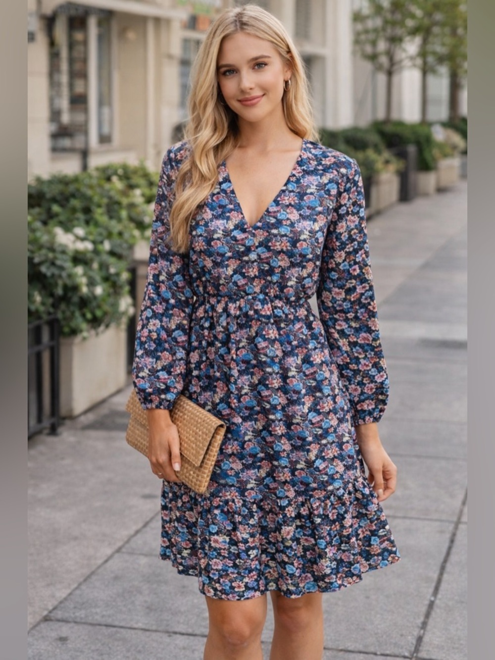 J. Crew Navy Floral V-Neck Long Sleeve Dress
